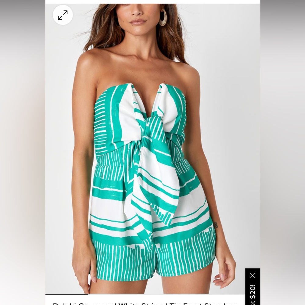 Delphi Green and White Striped Tie-Front Strapless
Romper.